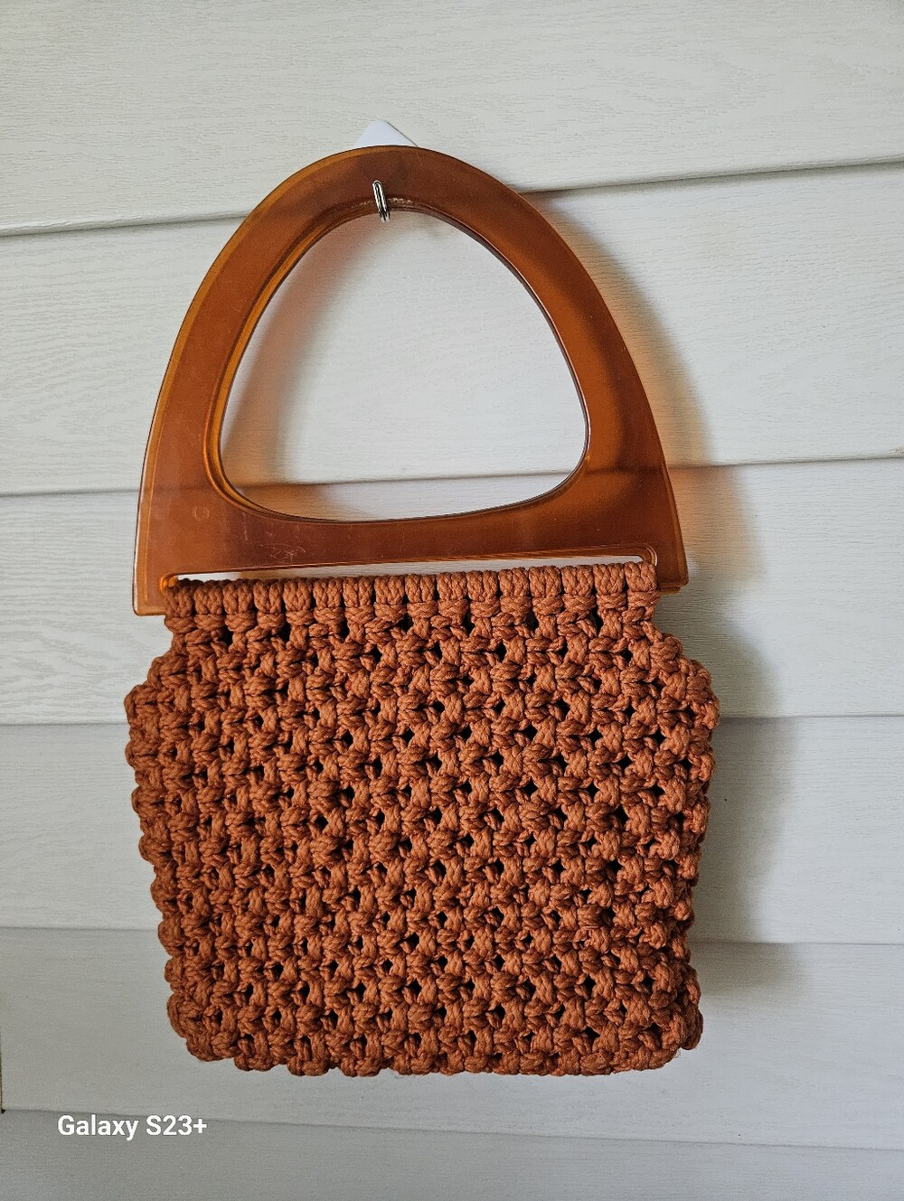 Vintage Handmade Crochet Orange Purse with Transparent Handle